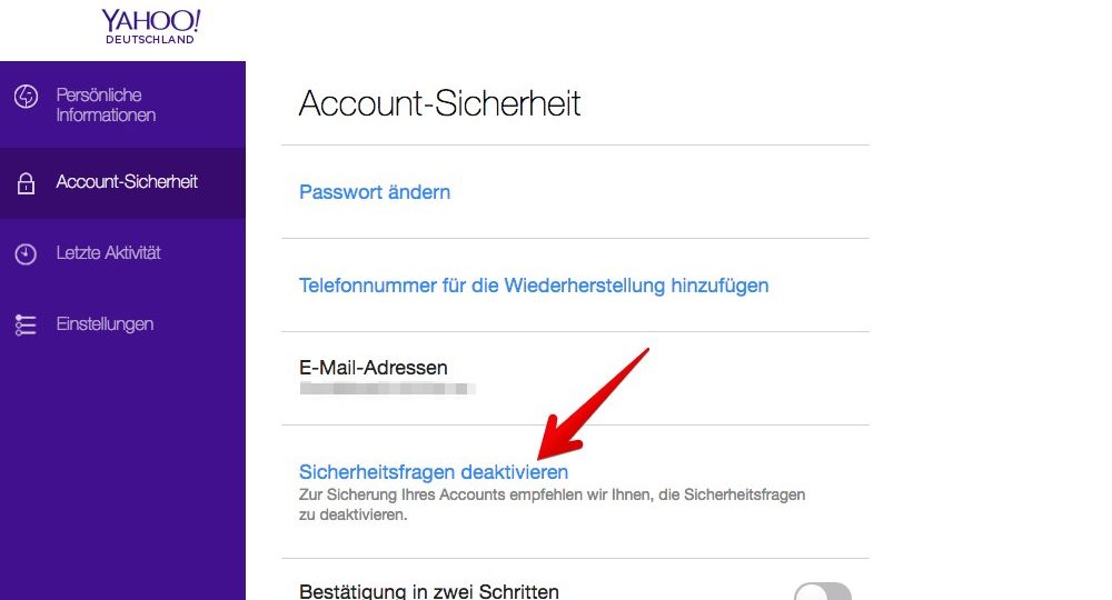 Klicken Sie auf der Registerkarte „Account-Sicherheit“ auf den Link „Sicherheitsfragen deaktivieren“. (Quelle: Screenshot)