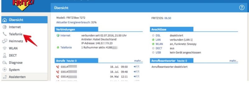 1. Melden Sie sich in der Benutzeroberfläche der Fritz!Box an und klicken Sie auf der Startseite im linken Seitenmenü auf „Telefonie“. (Screenshot)