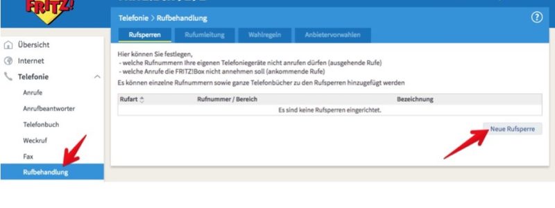 2. Klicken Sie unter Telefonie auf „Rufbehandlung“. Auf der rechten Seite klicken Sie jetzt auf „Neue Rufsperre“, um eine neue Rufnummer zu blockieren. (Screenshot)