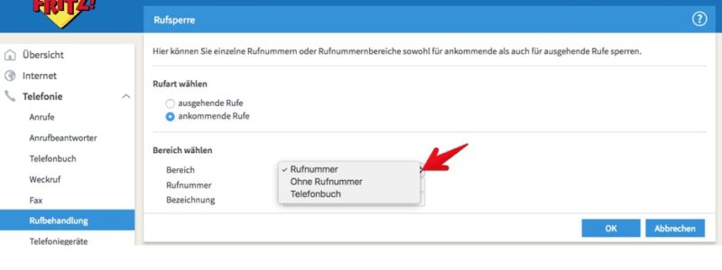 Optional: Über das Auswahlfeld legen Sie wahlweise fest, ob Sie alle Anrufer mit unterdrückter Rufnummer (ohne Rufnummer) oder die Rufnummern eines ganzen Telefonbuchs sperren möchten. (Screenshot)