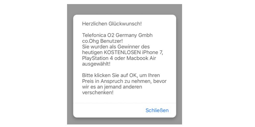 Hinter diesem Pop-up steckt vermeintlich O2 Germany. Fallen Sie nicht darauf herein.