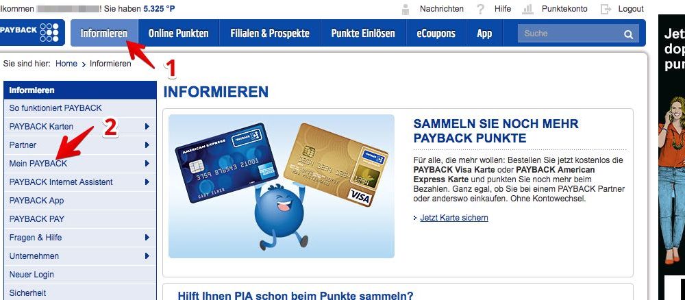 1. Melden Sie sich auf der Payback-Webseite mit Ihren Zugangsdaten an. Klicken Sie im oberen Menü auf „Informieren“ (1) und danach im linken Seitenmenü auf „Mein PAYBACK“ (2). (Quelle: Screenshot/payback.de)