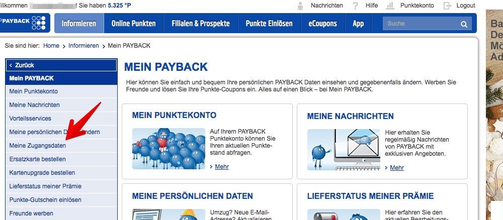 2. Unter „Mein PAYBACK“ klicken Sie auf „Meine Zugangsdaten“. (Quelle: Screenshot/payback.de)