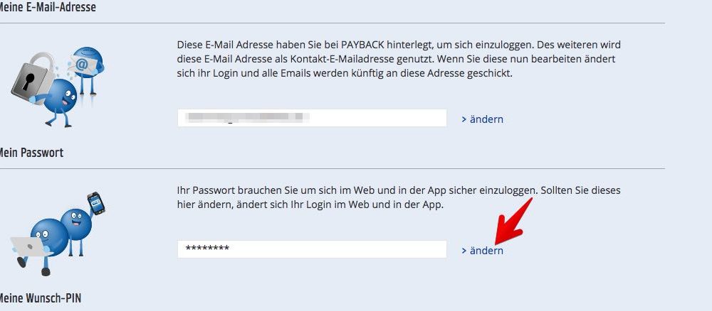 3. Jetzt haben Sie die Wahl, ob Sie Ihr Kennwort oder den PIN ändern möchten. Klicken Sie auf „> ändern“ hinter dem jeweils angezeigten Feld. (Quelle: Screenshot/payback.de)