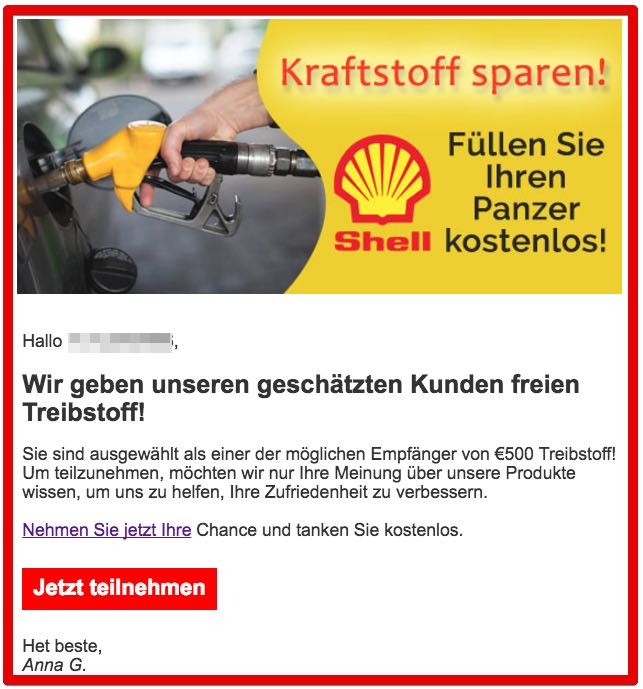 Shell Gewinnspiel Fake 500 Euro Treibstoff Gutschein