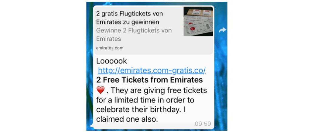 WhatsApp: Loooook 2 Free Tickets from Emirates ist Spam