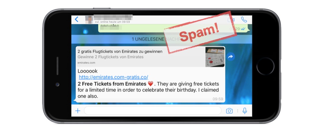 WhatsApp: Loooook 2 Free Tickets from Emirates ist Spam