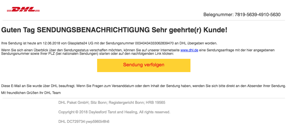 2018-06-13 Fake DHL Sendungsbenachrichtigung