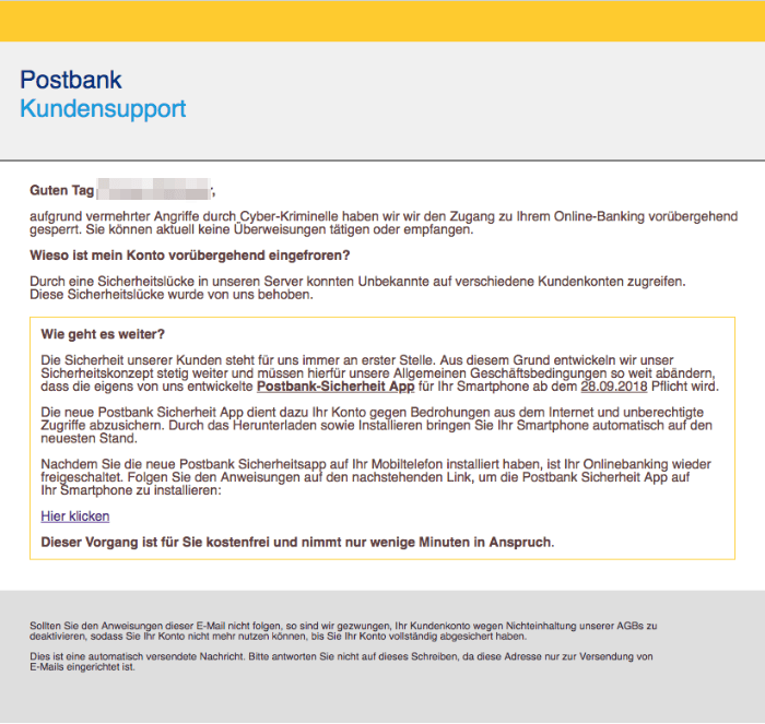 2018-09-28 Postbank Spam-Mail zu Sicherheits-App Ihr Konto wurde deaktiviert