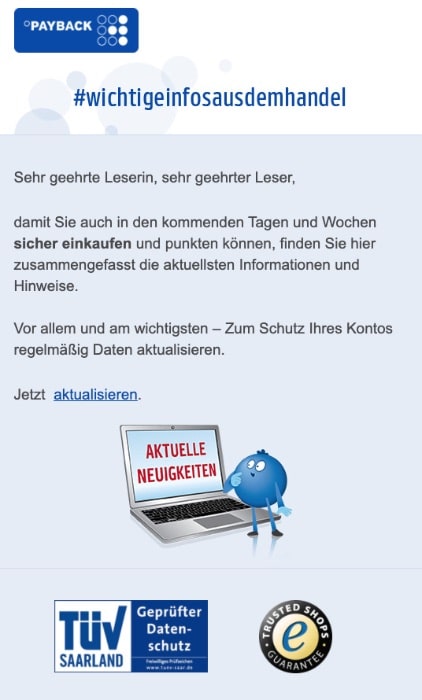 2020-04-03 Payback Spam Fake-Mail Bleibt gesund – Wichtige Informationen aus dem Handel