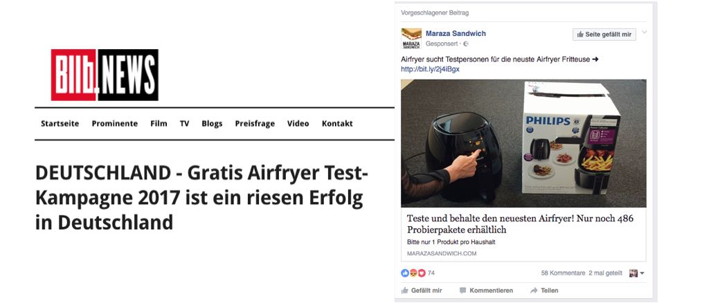 Facebook: Airfryer sucht Testpersonen für die neuste Airfryer Fritteuse ist ein Fake