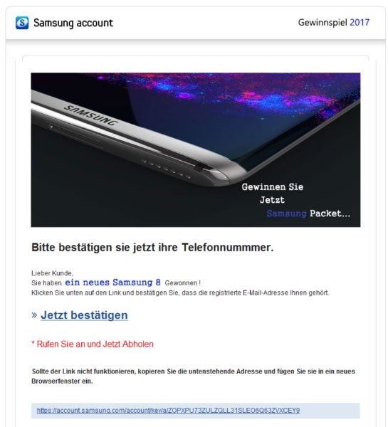 Fake Mail Spam Samsung Account Gewinnspiel Abzocke