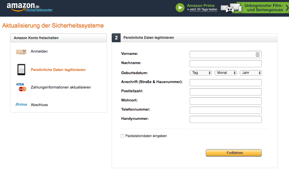 Amazon Phishing Webseite Datenabfrage