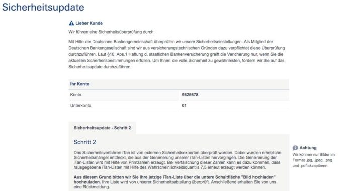 Hochladen der TAN-Liste Phishing