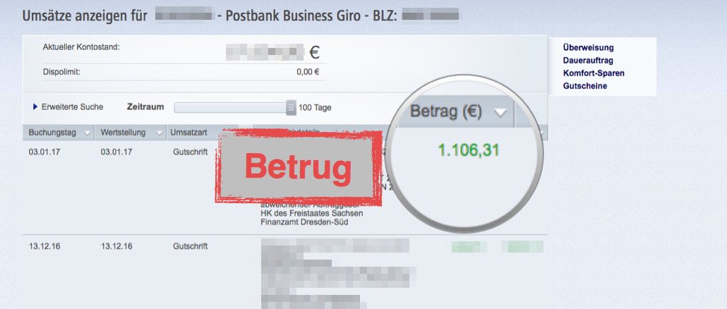 Onlinebanking Betrug Gutschrift Finanzamt