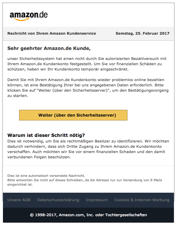 Phishing Mail vom Amazon Kundendienst