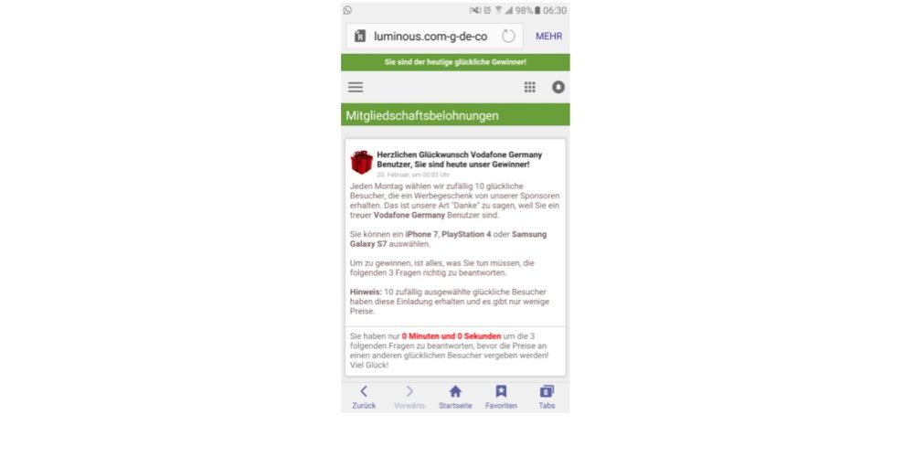 Dieses Pop-up erweckt den Eindruck, dass es von Vodafone stammt und wird auch nur Vodafone-Kunden angezeigt. Tatsächlich hat diese Werbung mit Vodafone jedoch nichts zu tun. (Screenshot)