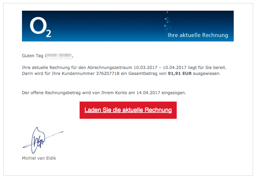 Spam-Mail O2 Virus April 2017