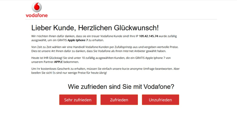 Auch Vodafone-Kunden werden gezielt via Browser Pop-up angesprochen. Angeblich bekommt der Auserwählte ein iPhone 7. Doch alles ist gefälscht. Die Nachricht stammt nicht von Vodafone und das iPhone gibt es auch nicht (Screenshot)