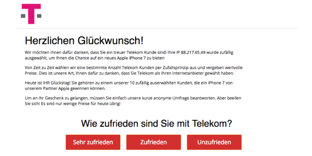 Mit diesem Fenster soll der Eindruck erweckt werden, dass die Nachricht von der Deutschen Telekom AG stammt. Fallen Sie auf den Betrug nicht herein. Mit dieser Benachrichtigung hat die Telekom nichts zu tun. (Screenshot)