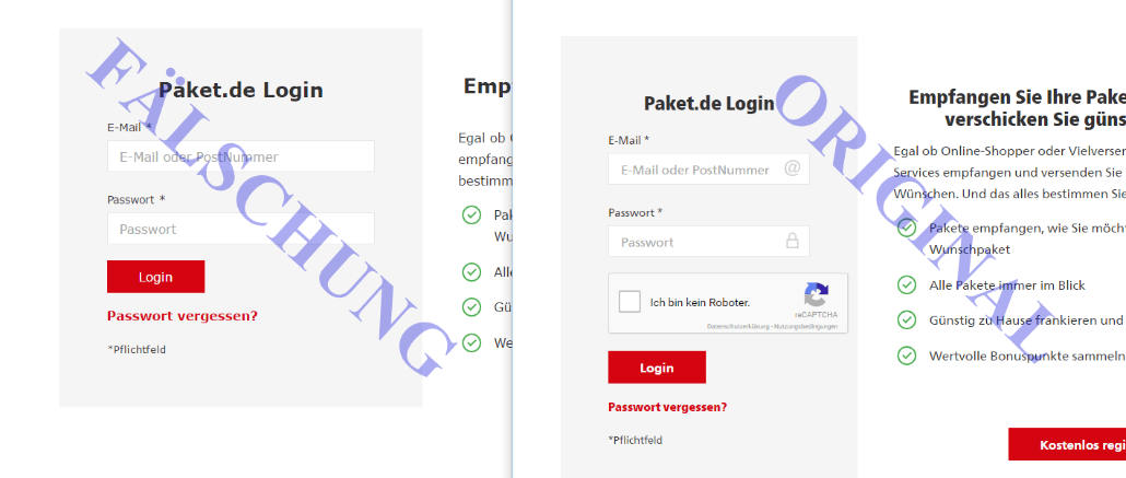 DHL Login-Seite Vergleich Original