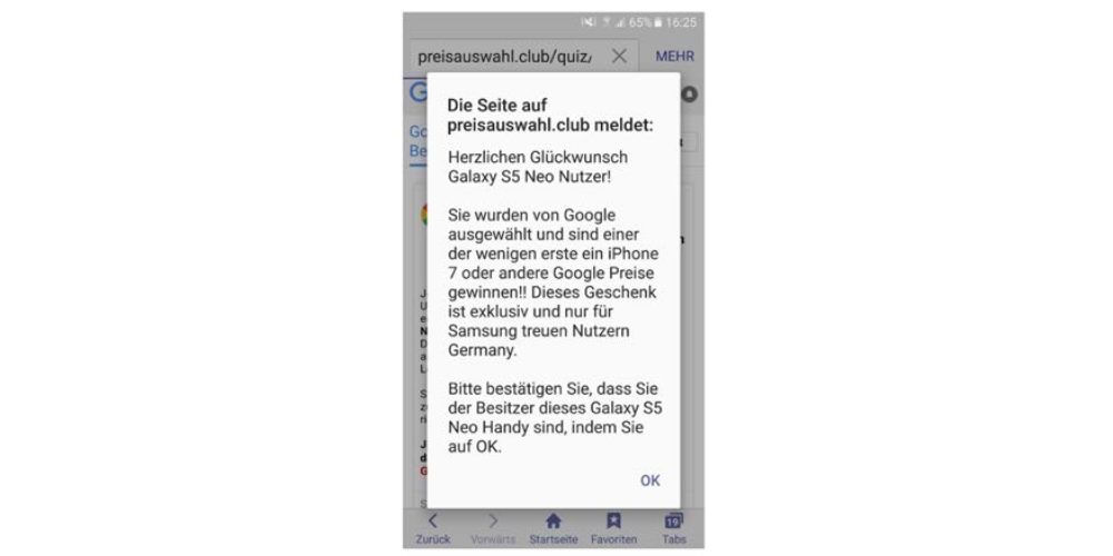 Auch auf dem Smartphone bekommen Sie Pop-up-Fenster angezeigt. Hier sollen Sie als Samsung Nutzer ein iPhone 7 gewinnen.