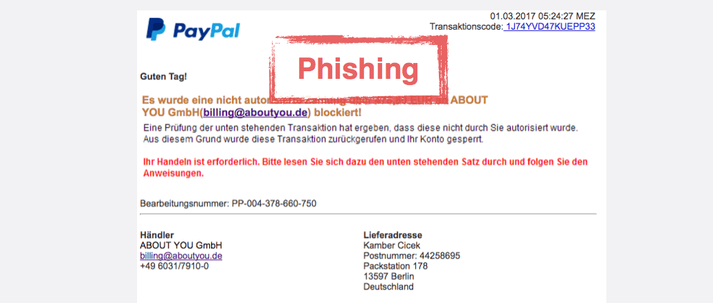 PayPal Phishing Einkauf Onlineshop