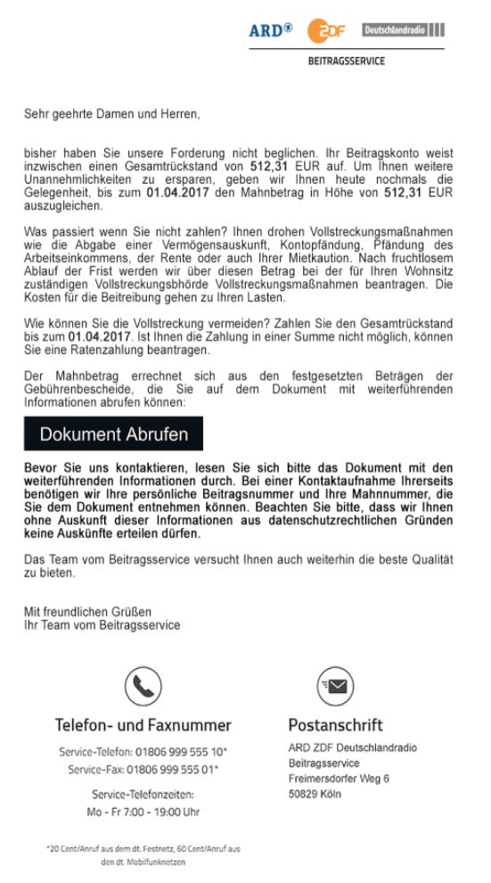 Zahlungsaufforderung Beitragsservice GEZ Mahnung Virus