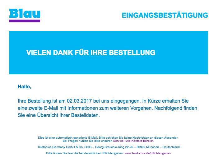 blau.de Vielen Dank für Ihre Bestellung