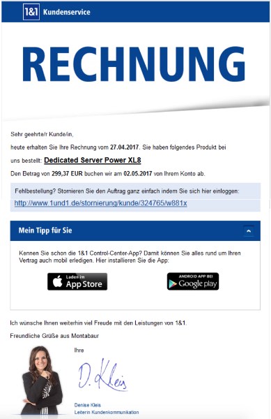 1und1 Rechnung Phishing-Angriff - Wichtig- Ihre Bestellung vom