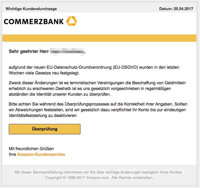 Amazon Phishing Mail mit Commerzbank Logo