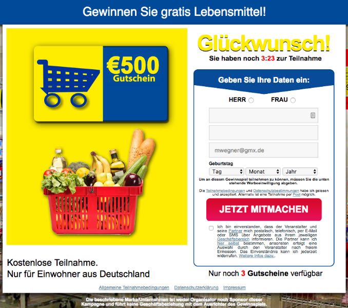 Eingabemaske Gewinnspiel Datensammler