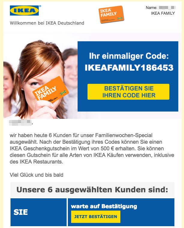 Fake Gewinnspiel IKEA 500 Euro Gutschein IKEA Family