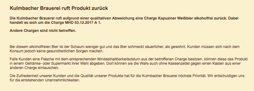 Kulmbacher Brauerei AG Rueckruf Tausch Flasche gegen Kasten