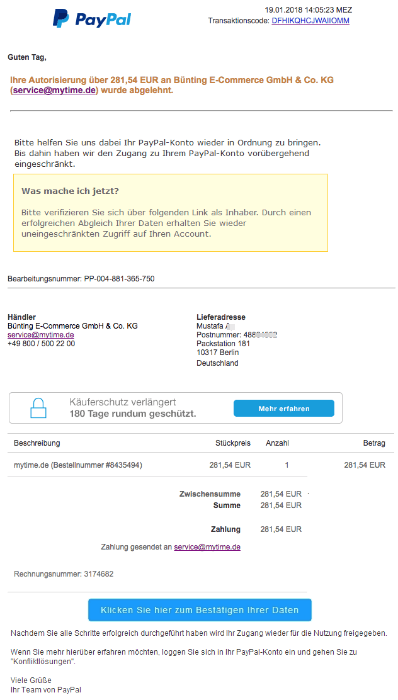 2018-01-22 PayPal Spam Mail Phishing Ihre Autorisierung an Bünting E-Commerce GmbH