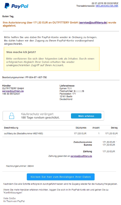 2018-01-22 PayPal Spam Mail Phishing Ihre Autorisierung an OUTFITTERY GmbH