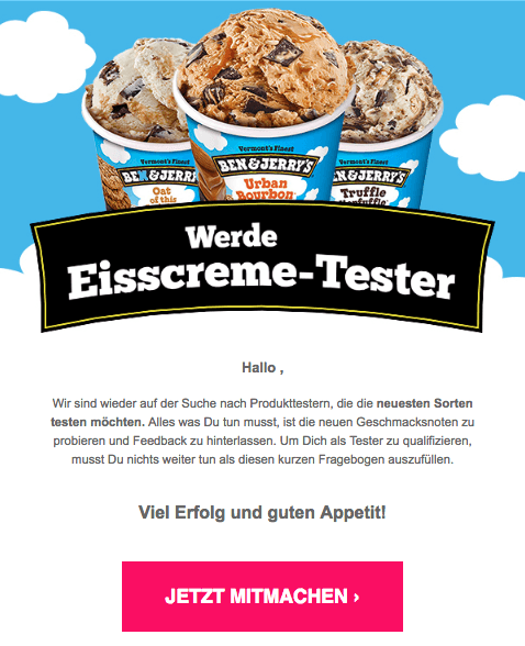 2018-07-11 Ben und Jerry Eiscreme Spam Mail Gewinnspiel Tester gesucht