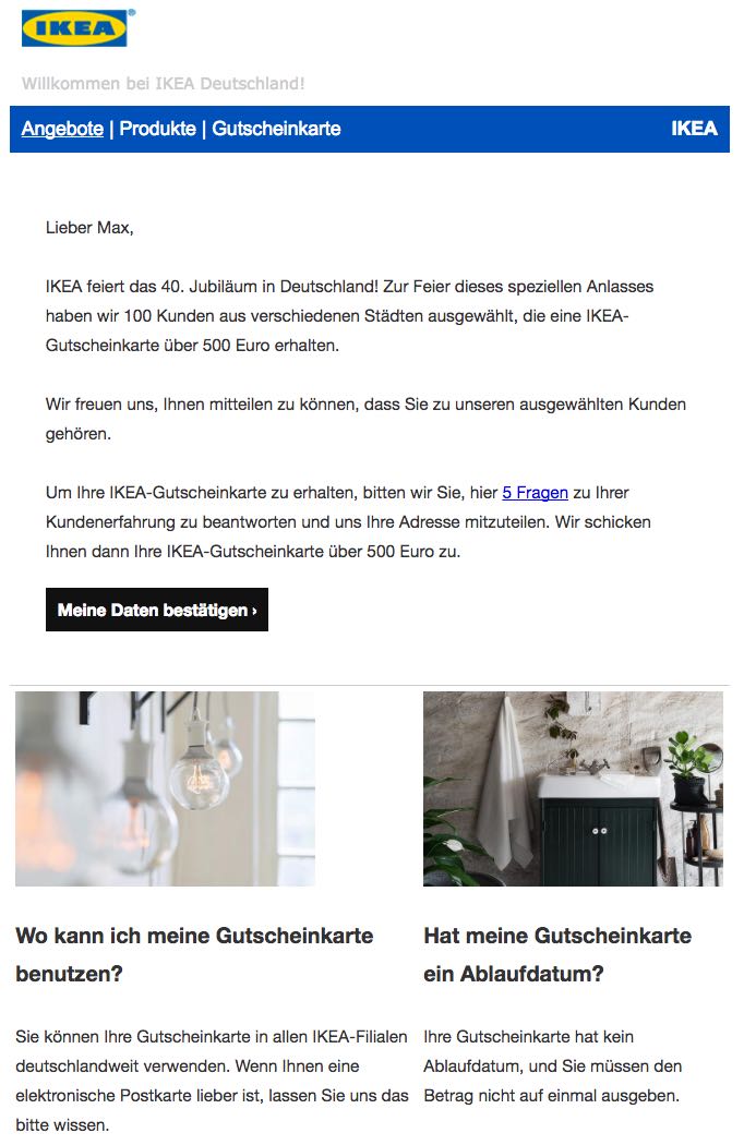 IKEA E-Mail Spam Fake 500 Euro Gutscheinkarte