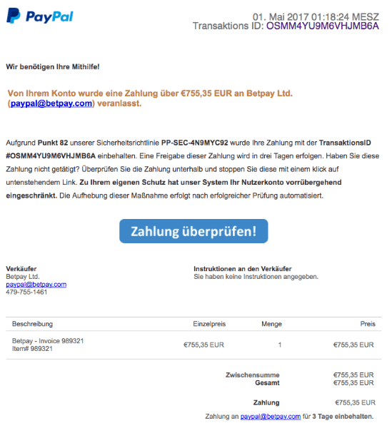 PayPal Phishing Mail Zahlung an Betpay