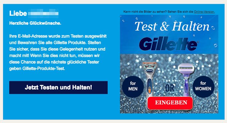 Spam-Mail Gillette Gewinnspiel Proben