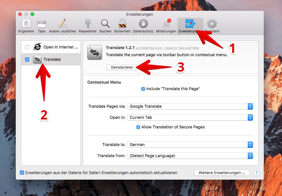 Safari Erweiterungen deinstallieren löschen