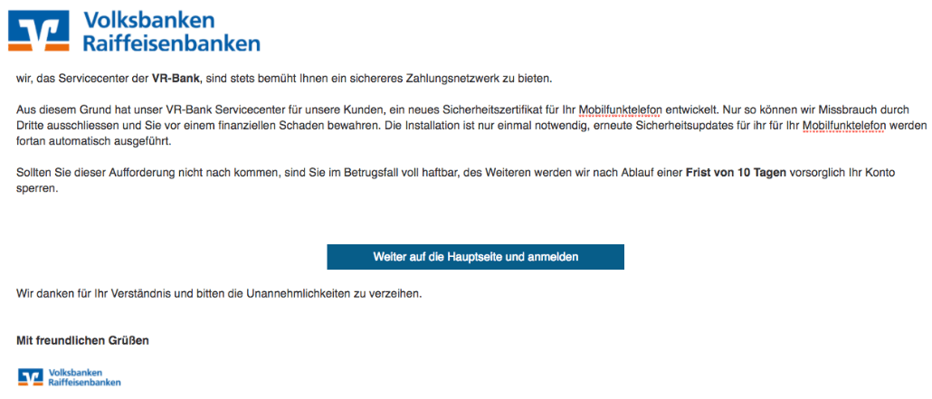 Volksbank Spam-Mail Wichtiges Sicherheitsupdate