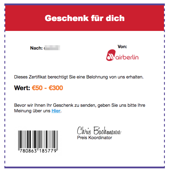 airberlin Spam Fake Mail Ihr Geschenk Ankunft