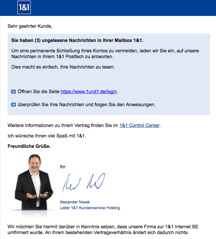 1und1 Spam Mail ungelesene Nachrichten