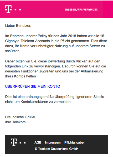 2018-01-19 Spam Mail Deutsche Telekom 15GB Kontoverifizierung