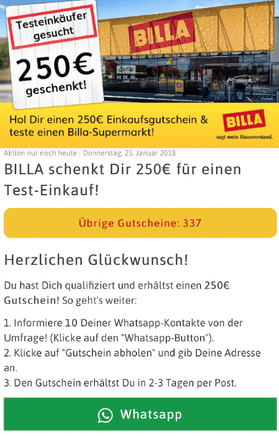 Bille Testeinkäufer gesucht 250 Euro geschenkt WhatsApp teilen