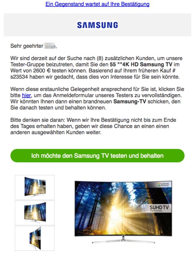 Spam E-Mail Tester Smasung TV gesucht