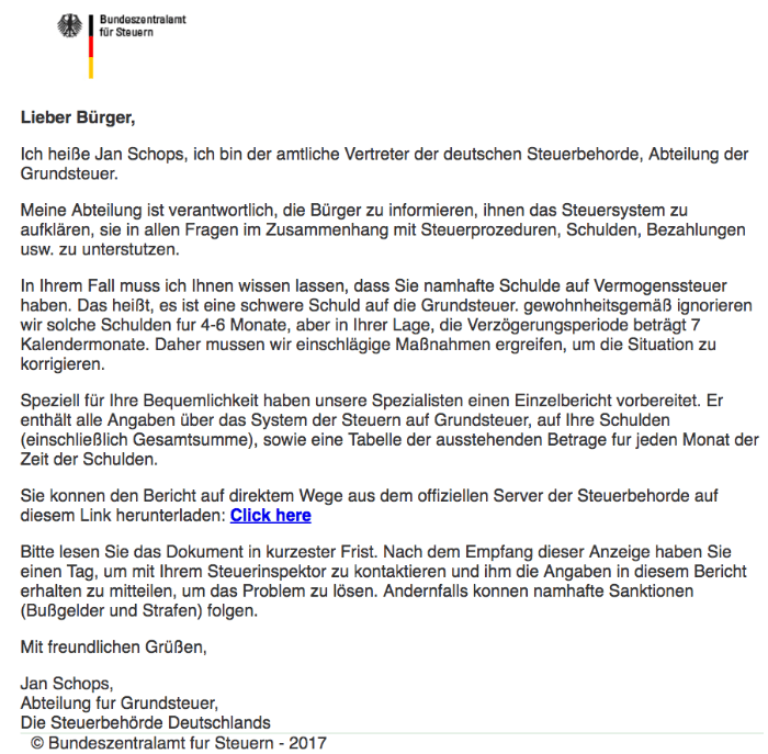 Spam-Mail Bundeszentralamt fuer Steuern Schulden Virus