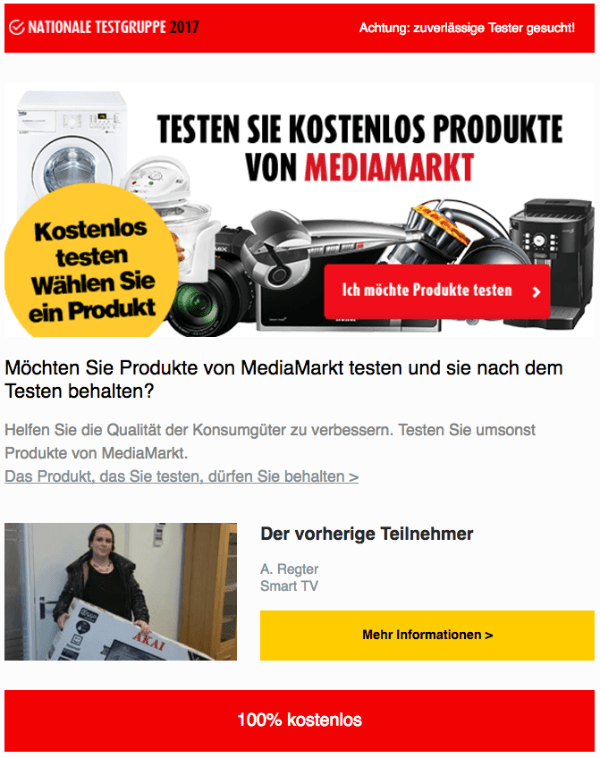 Spam Mail Testen Sie kostenlos Produkte von Mediamarkt