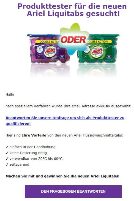 2019-01-29 Fake-Mail Ariel Produkttester gesucht